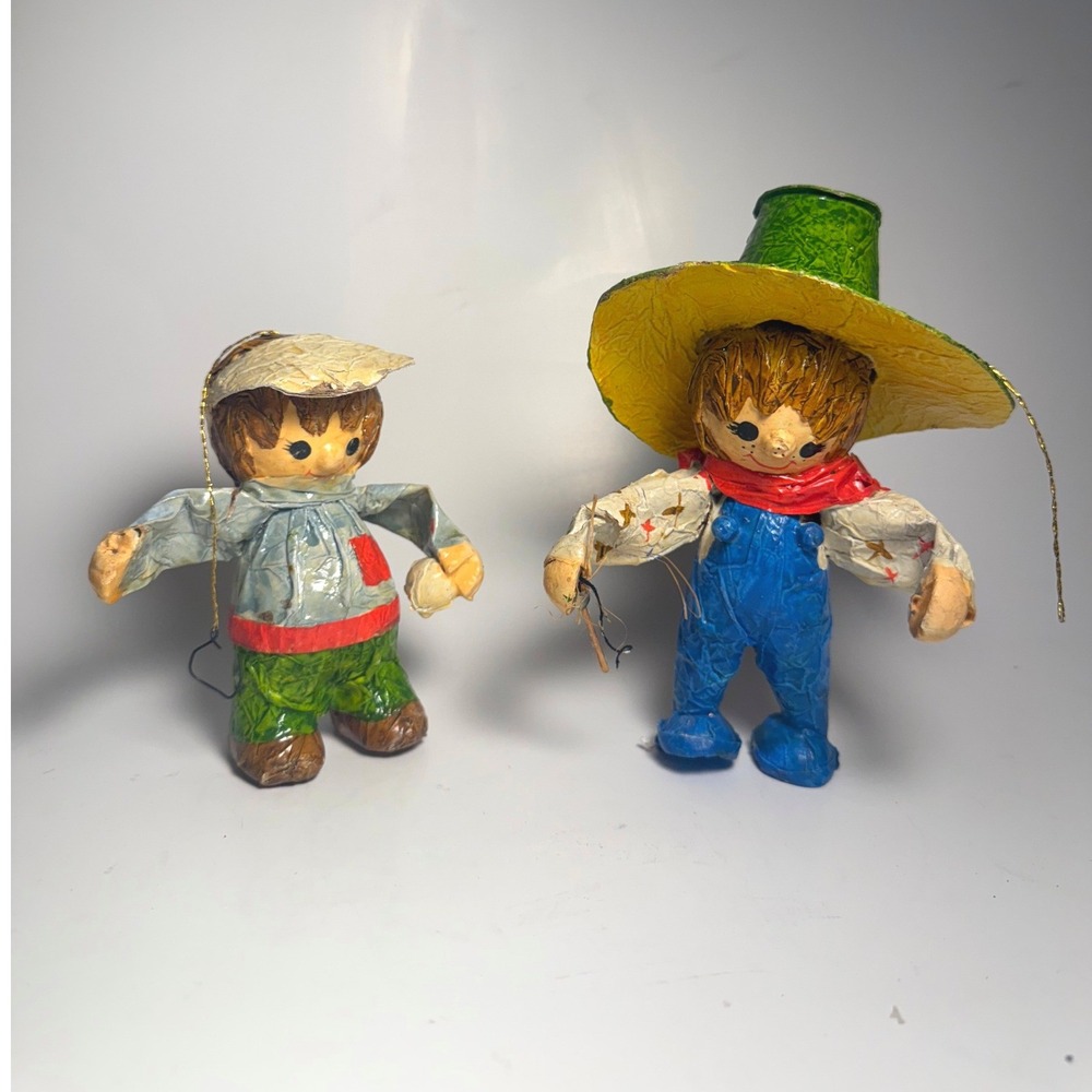 Vintage‎ Handmade Paper Mache Scarecrow Ornaments Set of 2 Farmhouse Decor